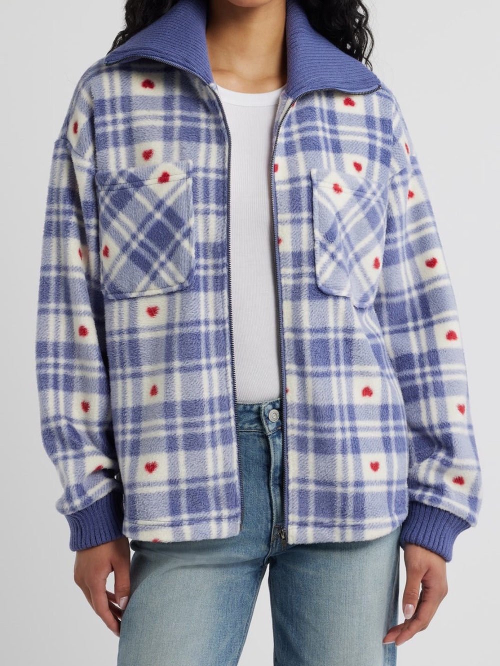 Thread & Supply Lilac Plaid Fleece Jacket with Red Heart Motif